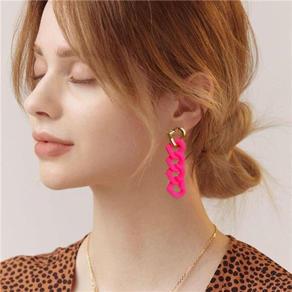 Chunky Chain Link Earrings | Statement Pastel Candy- Red Resin Drop Earrings - Picture 3 of 6